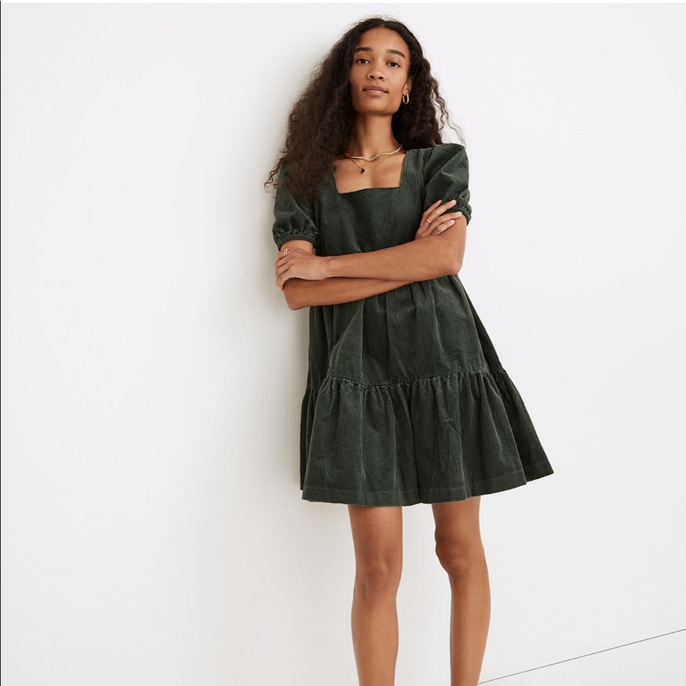 Corduroy Aidy Square-Neck Tiered Mini Dress